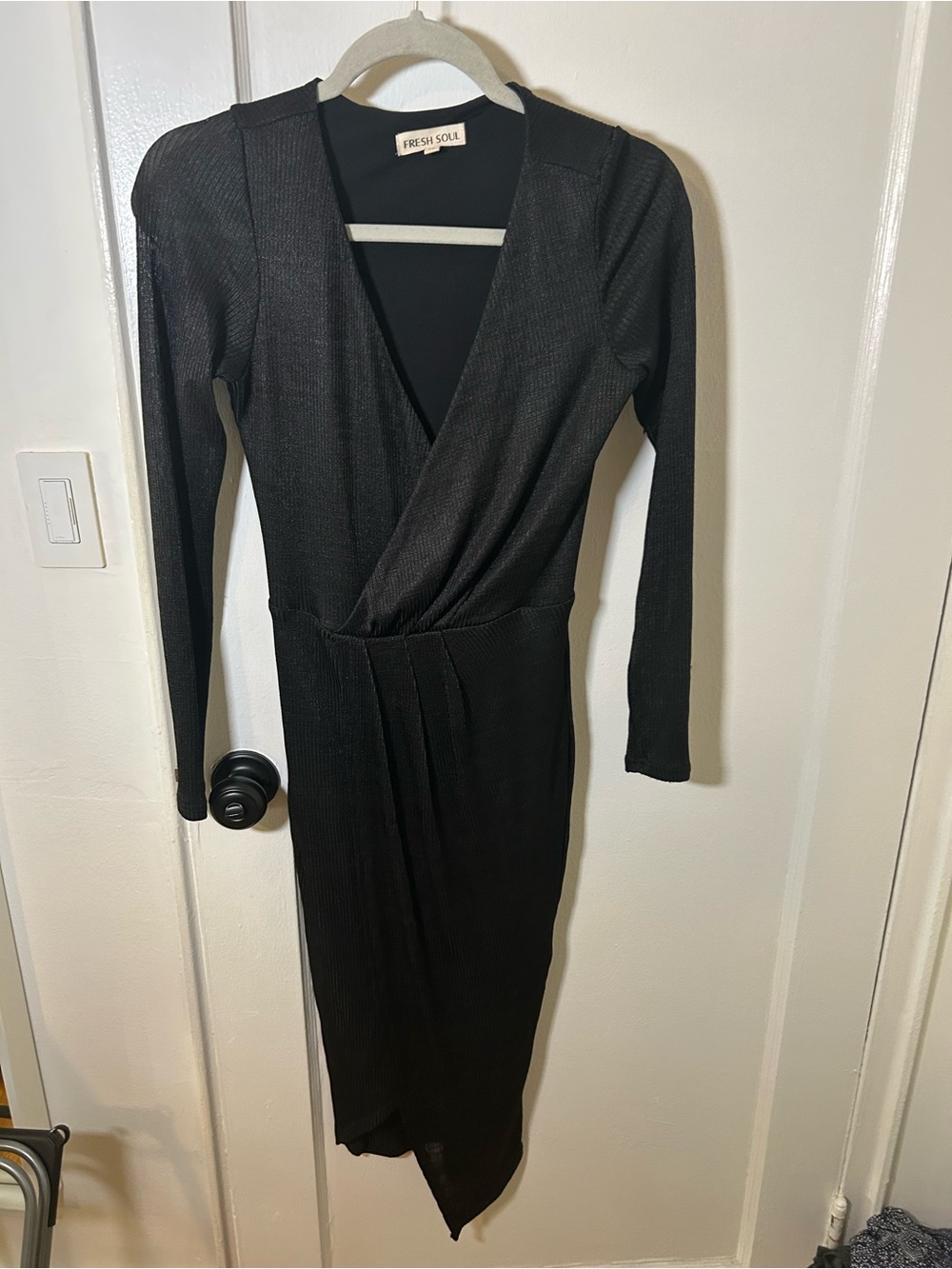Fresh Soul Black Long Sleeve Wrap Midi Dress with Pleated Waist
